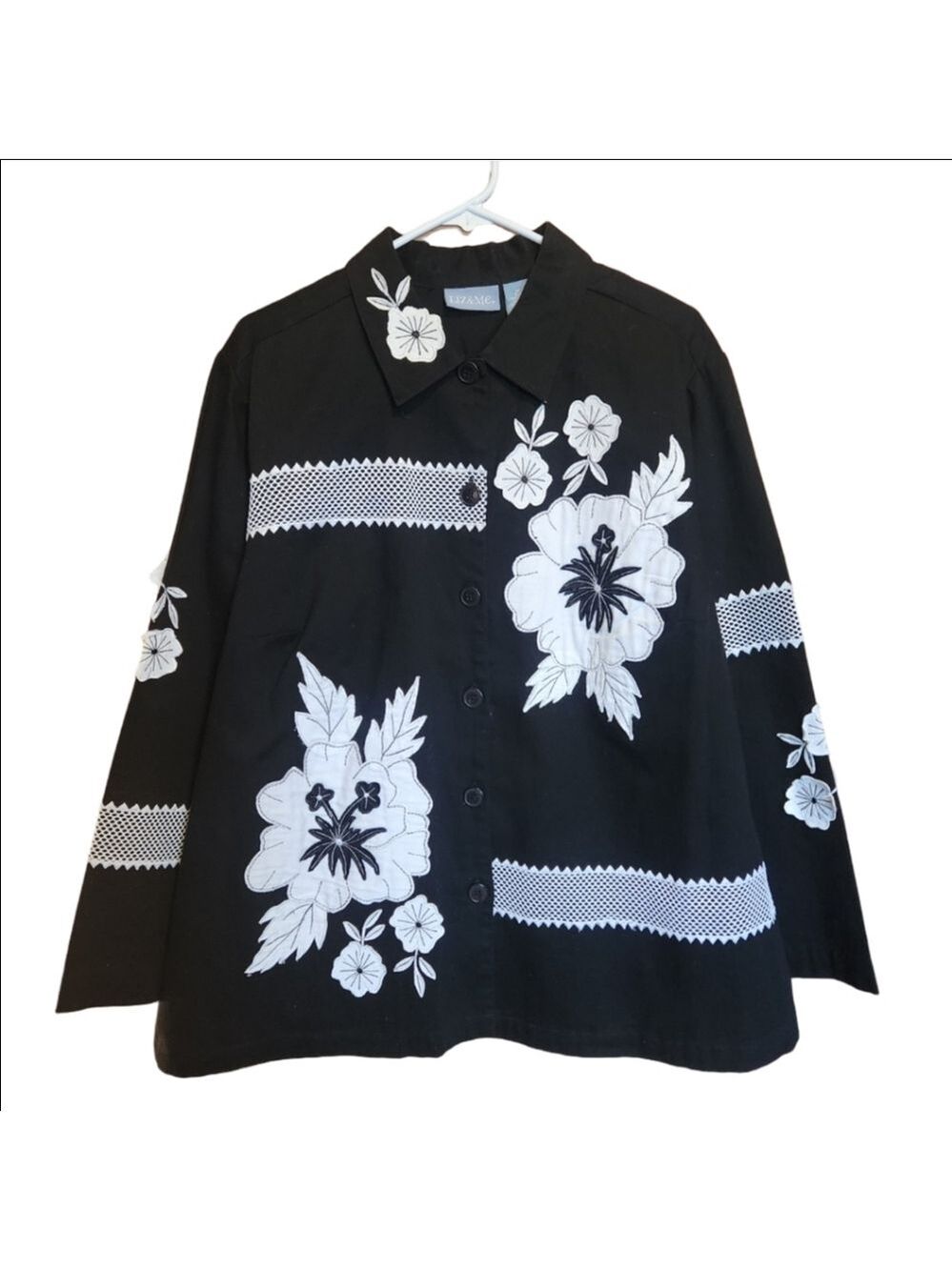 LIZ & ME BLACK WHITE FLORAL EMBROIDERED LACE APPLIQUE JACKET SHIRT SHACKET 1X